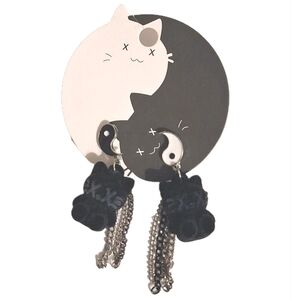 Ying And Yang Black Cat Plushie Anime Style Dangle Earrings Chains NWT Pierced